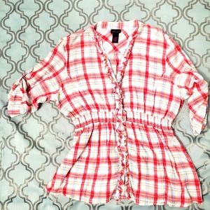 Torrid Button Down Plaid Top 1 White Red Cotton XL